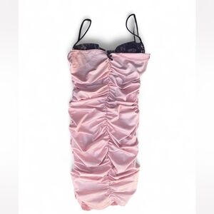 Pink Ruched Satin Mini Dress with Black Lace Bra Detail